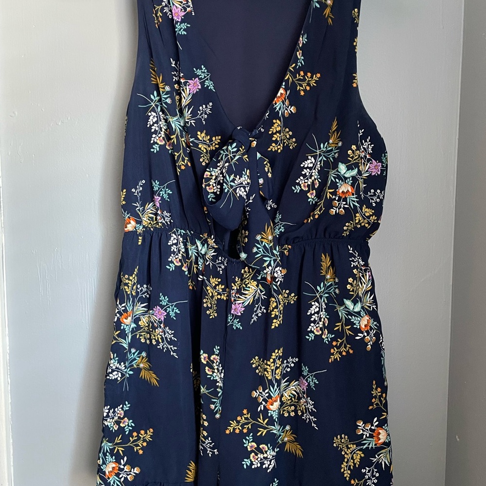 Francesca’s Blue Rain Navy Romper with Tie Front